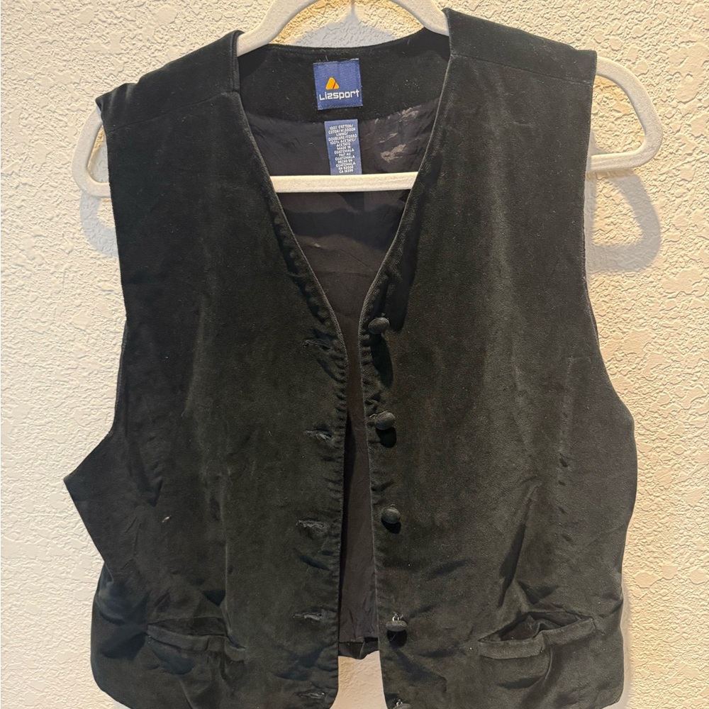 Vintage Black Cotton Velvet Women’s Waistcoat/Vest 14 LizSport Luxe Button Up